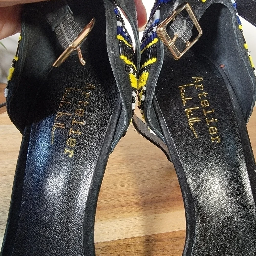 Nicole Miller Beaded Heels Multi Color Seed Bead Black Leather Stiletto Size 7.5